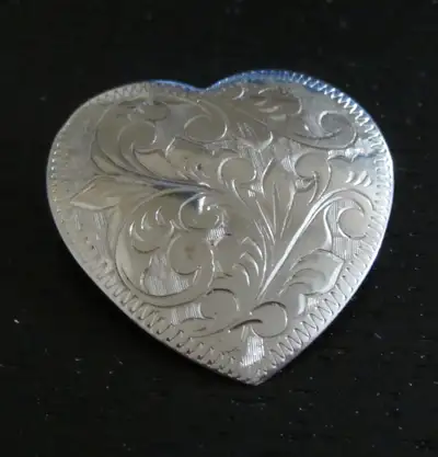 ENGRAVED Sterling Silver Heart Shaped Brooch Silver Tooling, View more