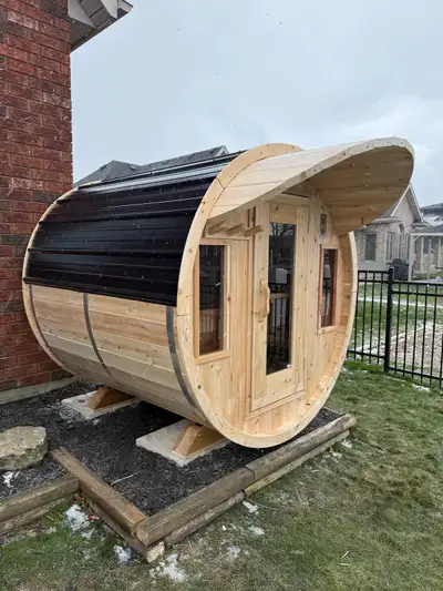 4 person barrel sauna (new built to order, factory direct) Comes with electric or wood stove heater...