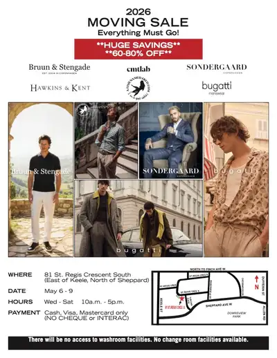 Designer Menswear Moving Sale — 60-80% OFF (May 6-9, Toronto), View more