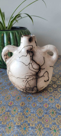Raku Horse Hair Pottery Handled Small Vase 