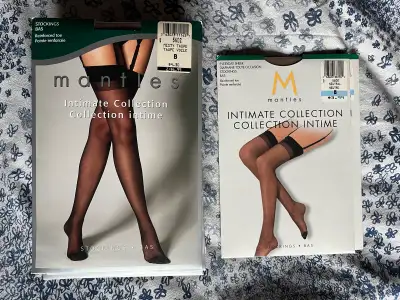 11 pairs of Mantles hint-of-taupe and 2 pairs of neutral stockings, size B. 1 pair of Simon's tights...
