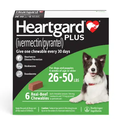 Heartgard Unopened 26-50 lbs green x6+1 months, View more