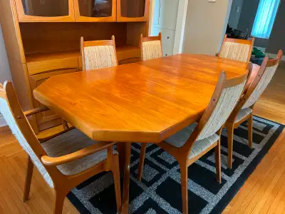 Mid-Century Modern Teak Dining Table + 6 Chairs (Double Leaf Ext, View more