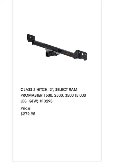 Class 3 trailer hitch for Ram Cargomaster 1500, 2500, 3500. 5000lb capacity, 500lb tongue weight.