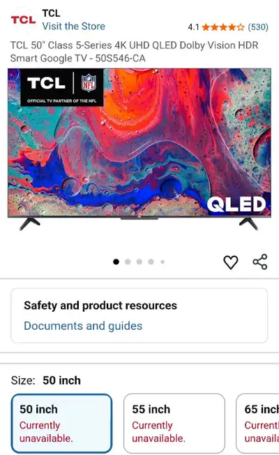 TCL 50" 4K UHD QLED Dolby Vision HDR Smart Google TV, View more