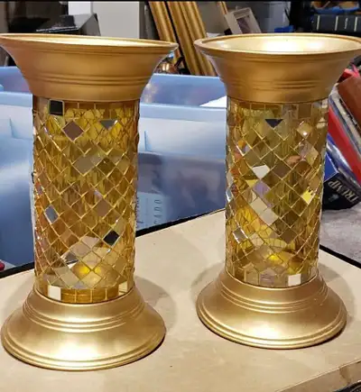 Pair - PartyLite global Fusion gold Mosaic column Candle holders, View more