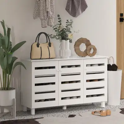 3-tier shoe Cabinet w 3 Slatted Doors,  Shelving Rack Cabinet , View more