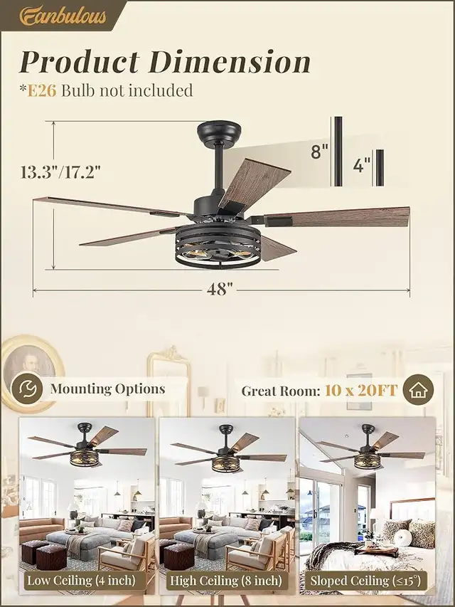 AFarmhouse Caged Ceiling Fans with Lights and Remote, 48 Inch in Indoor Lighting & Fans in Mississauga / Peel Region - Image 6
