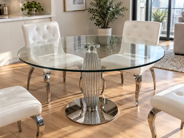 Round Glass Dining Table with Chrome Pedestal Base  in Dining Tables & Sets in City of Toronto - Image 3