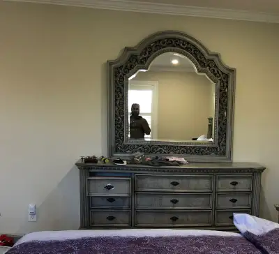Ornate Grey Dresser with Matching Mirror, View more