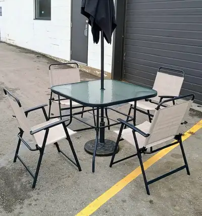 Patio Set, 4 Folding Chairs, Glass Top with umbrella, View more