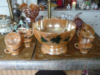 Fine Vintage Peach Luster Punch Bowl On Stand And 12 Cups