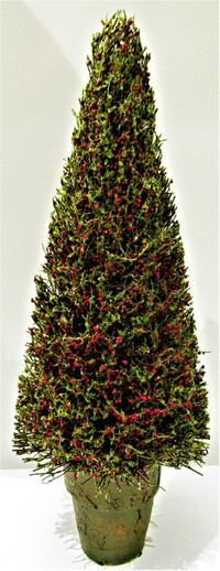NEW, FAUX EVERGREEN WITH MINI RED BERRIES, IN POT