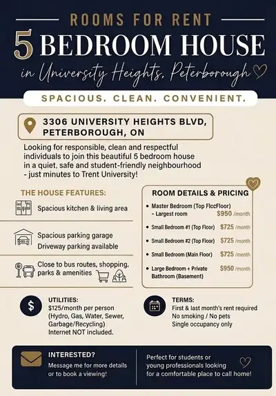 Looking for a clean, comfortable and quiet place to call home in Peterborough? We have multiple priv...