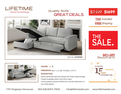 Fabric sectional sofa and chaise with hide-a-bed and storage, View more