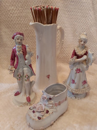 Vintage 4Pc Roses Decor Set: Tall Pitcher/2 Musicians/Babybootie