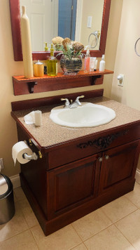 Burgundy Bathroom Vanity w. sink, mirror, shelf, taps, racks