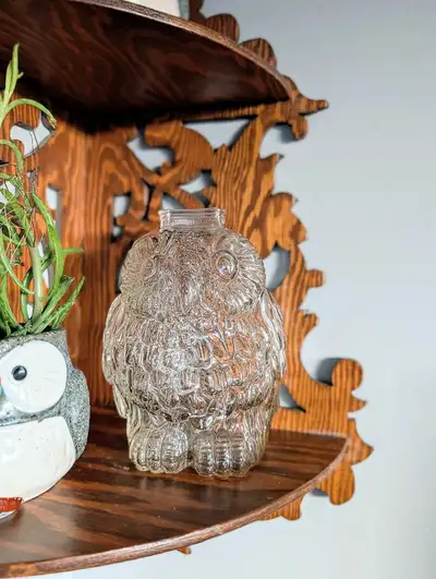 Adorable Vintage Midcentury Clear Glass Owl Coin Bank, View more