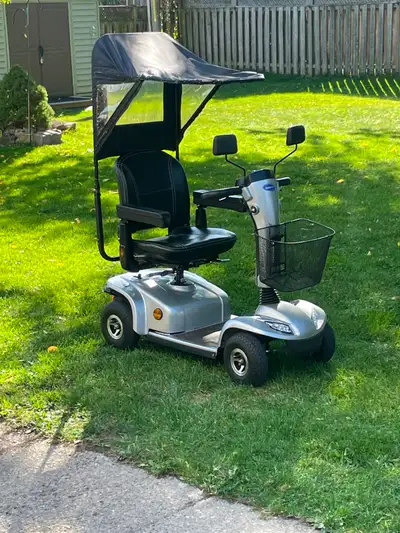 Excellent scooter fits in all elevators and doorways and comes with battery's and a Removable sun an...
