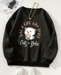 Peach & Goma Cute Cat Printed Hoodie - BLACK