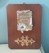 Vintage 70s Bless This Home Italian saint plaque key holder wood