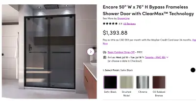 Encore 50"W x 76" H Bypass Frameless Shower Door with ClearMax Technology. Purchased for bathroom re...