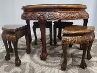 20th Century Asian Mahogany Round Glass Top Carved Table