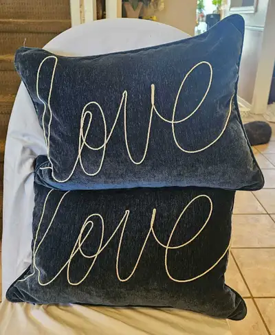 2 Blue and White "Love" Feather Decorative Pillows, View more