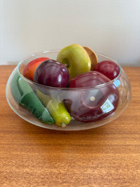 Glass Centerpiece Bowl with Carved Wood Fruit Decor
