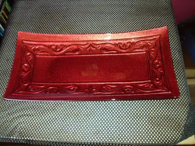 RECTANGULAR BOWED RED GLASS SERVING TRAY, View more