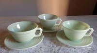 Three  Hazel Atlas Moderntone Platonite Lime Green Cup & Saucers