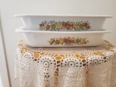 Corning casseroles and Roasters. Spice of Life Pattern. Roasters - $45. each/ 2pcs. - Coffee pot-$25...