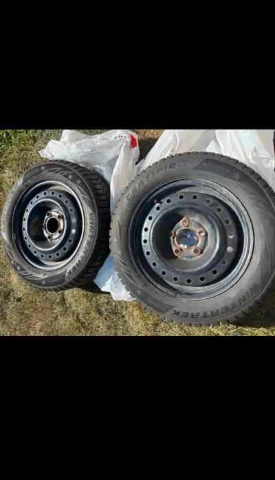 Winter rims are basic black metal 15inch, 5 bolts, size Bolt pattern 5x114.3 From Canadian Tire, use...