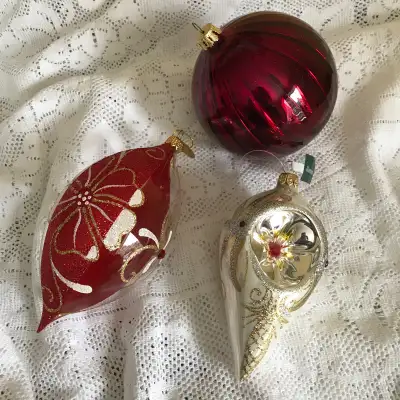 2 Pier 1 Glass Christmas Ornaments Teardrop Shape & 1 Red Ball, View more