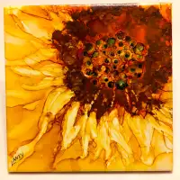 Dramatic Sunny 6" Hand Painted Abstract Sunflower Ceramic Tile