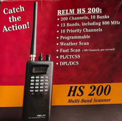Relm HS 200 Handheld Scanner. 200 channels in 10 banks, 10 priority channels. Frequencies include: *...