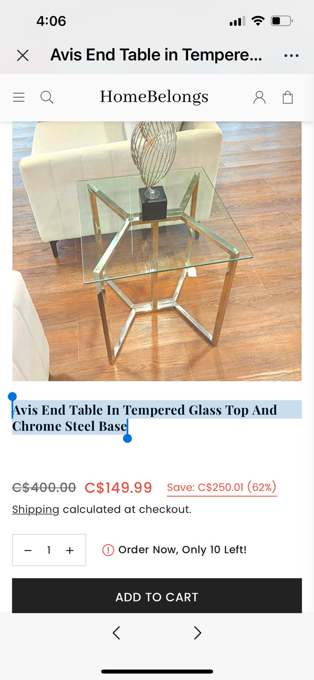 Avis End Table In Tempered Glass Top And Chrome Steel Base in Other Tables in Markham / York Region - Image 3