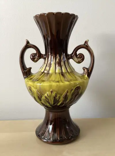 Vintage Ceramic Urn or Vase Brown & Yellow Drip Glaze Japan, View more