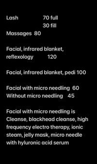 Facials/reflexology/massage/micro needling 