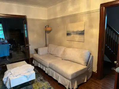 Sofabed / pull-out couch in beige fabric, queen size, View more
