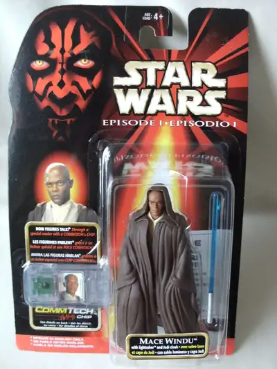 Brand New & Factory Sealed: 1998 Hasbro. Starwars Episode 1: MACE WINDU with lightsaber and Jedi Clo...