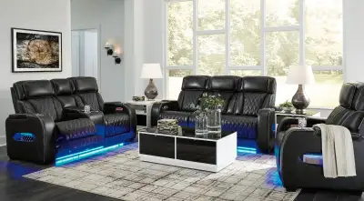 Luxurious Black Leather Recliners with Ambient Lighting, View more