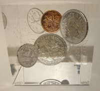 Vintage 1970 - 6 Canadian Coins in Lucite Cube Paperweight
