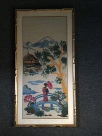 Vintage large needlework yarn art picture bamboo frame Japanese