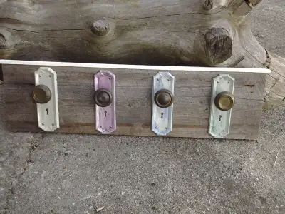 Antique Brass Door Knob Coat Rack. Handcrafted, 100 year old barnboard with white accent trim. Four...
