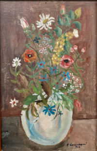 Vintage Painting Flowers In Vase 1962 Oil On Cardboard 36X23cm