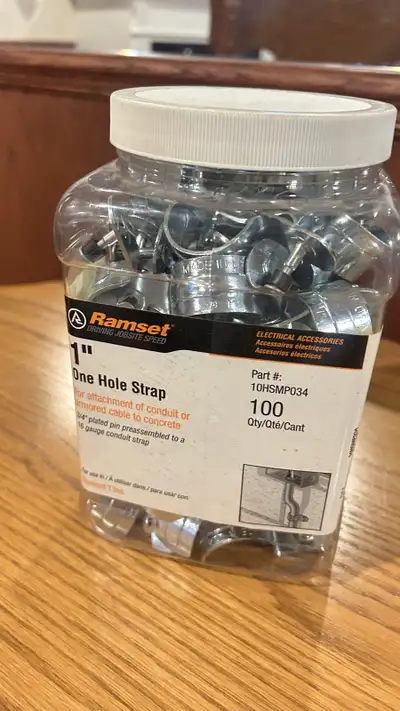 I am selling a jar of Ramset 1-inch one-hole straps, part number 10HSMP034, containing 100 straps de...