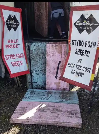 Grab a trailer load of over 400 used sheets of Blue Dow 2x4 rigid XPS 3-inch thick R15 Styrofoam, pe...