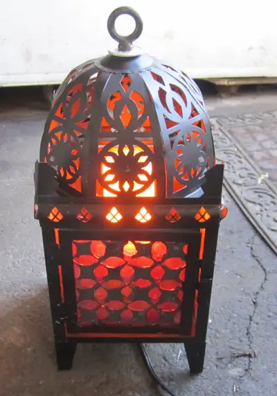 Vintage Lantern Style Glass and Metal Lamp Hanging or Table, View more