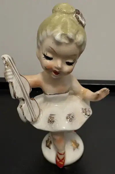 1950s Ballerina Figurine w/ Violin, Red Shoes & Spaghetti Trimmed Tutu Ucago Japan 4” tall